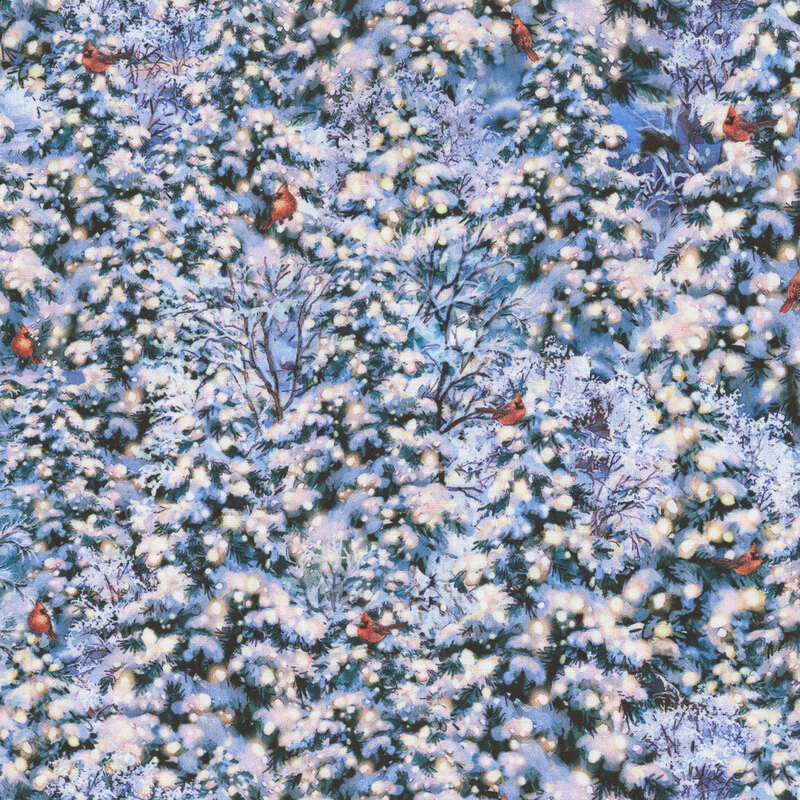 light blue fabric with a dense pattern of snow-covered Christmas trees adorned with lights and cardinals perched on the branches.