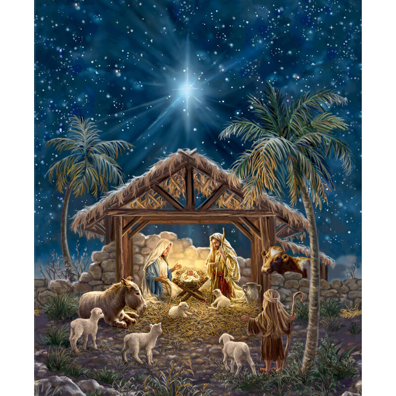 Mottled blue fabric panel with a detailed nativity scene.