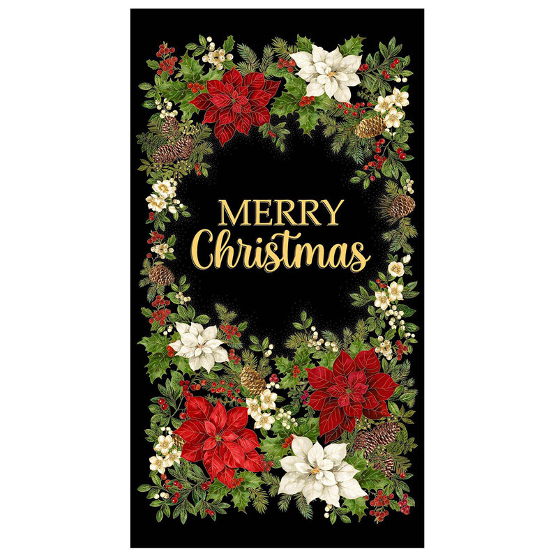 Black panel fabric featuring red and white poinsettias circling the text Merry Christmas.
