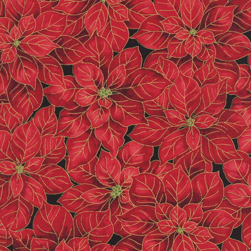 Christmas-red poinsettias with gold metallic accents on a black background.