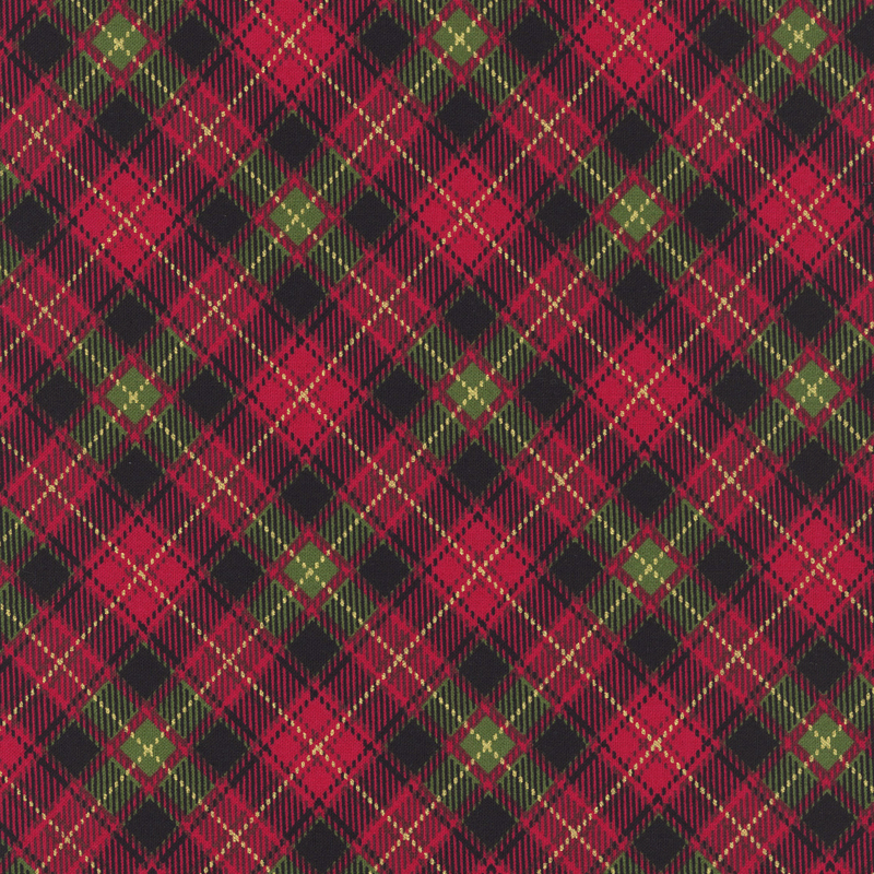 Red plaid fabric with green, black, and gold metallic accents.