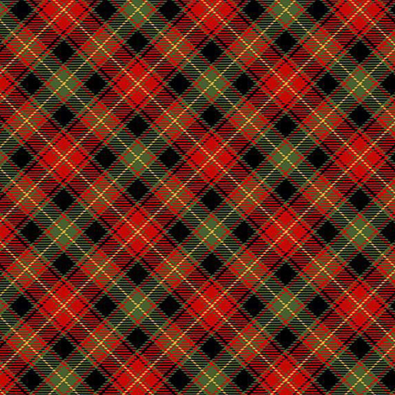 Red plaid fabric with green, black, and gold metallic accents.