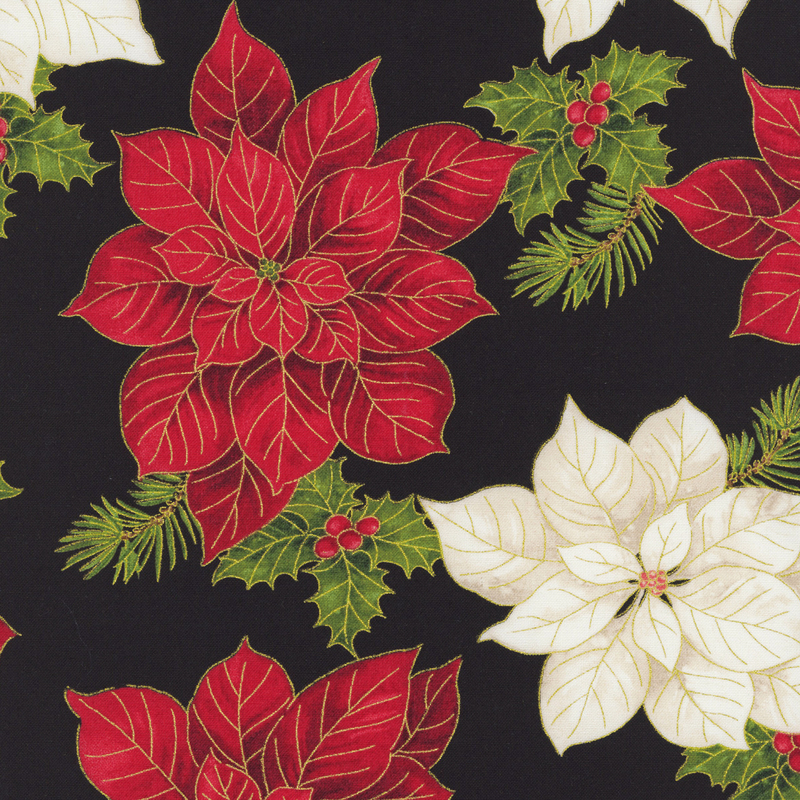 Black fabric featuring large white and red poinsettias and holly with gold metallic accents.