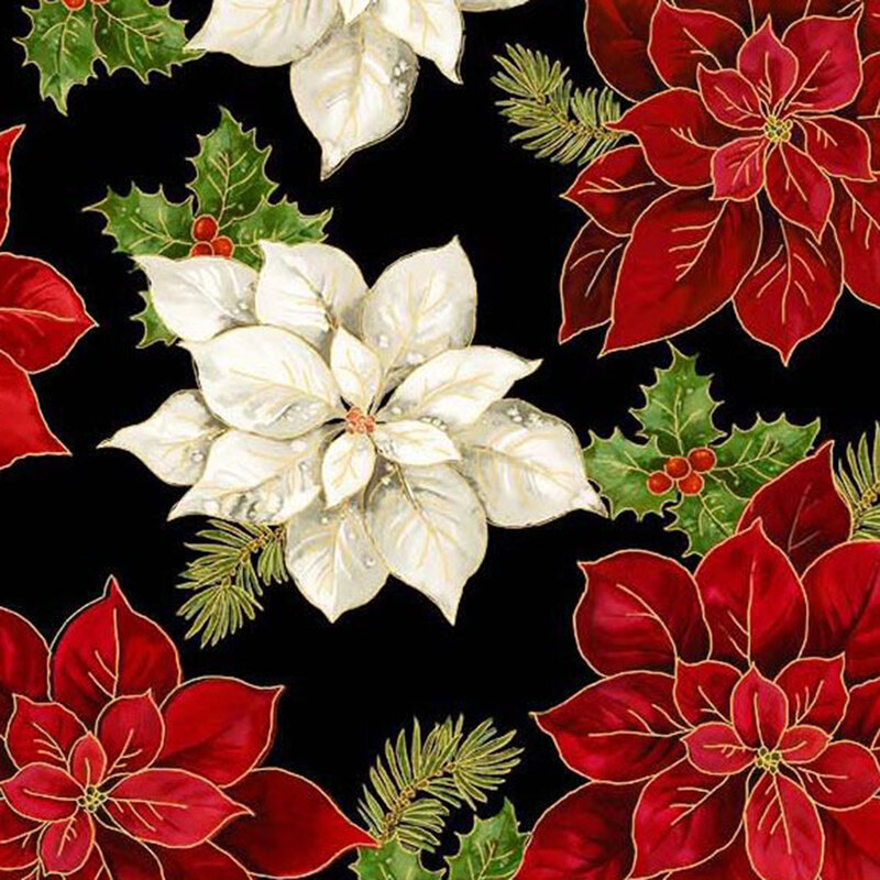 Black fabric featuring large white and red poinsettias and holly with gold metallic accents.