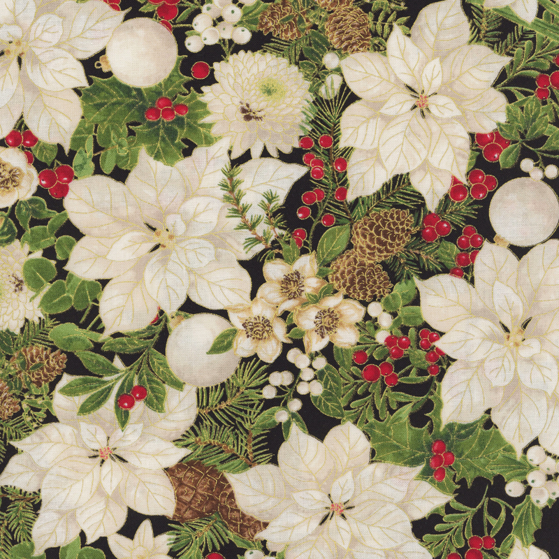 White Christmas-themed florals, holly, mistletoe, and pinecones on a black background.