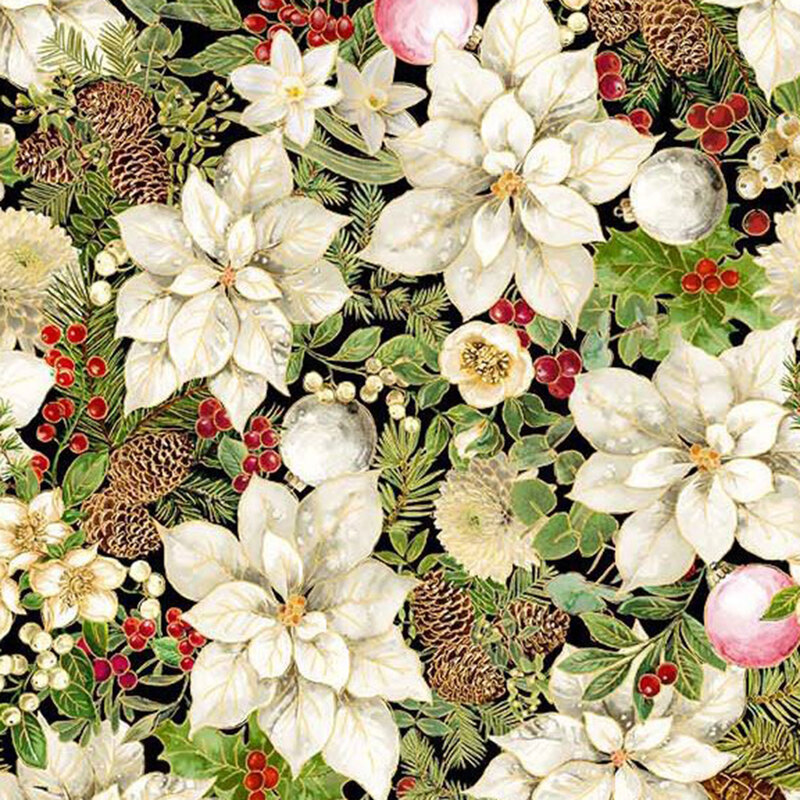 White Christmas-themed florals, holly, mistletoe, and pinecones on a black background.