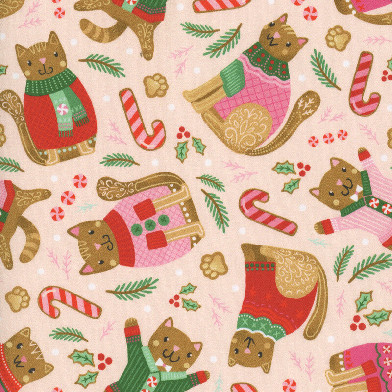 Pastel pink background with a tossed pattern of gingerbread cats in sweaters, candy canes, pine and holly sprigs