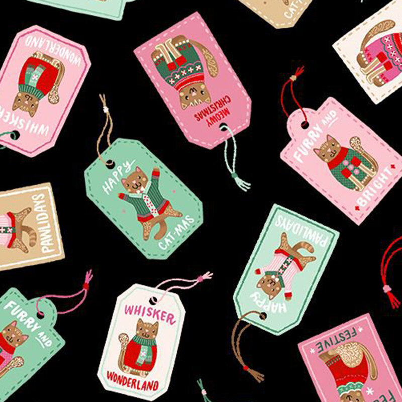 Black background with a tossed pattern of pink, mint, and cream colored Christmas tags that have gingerbread cats as well as cat-themed greetings