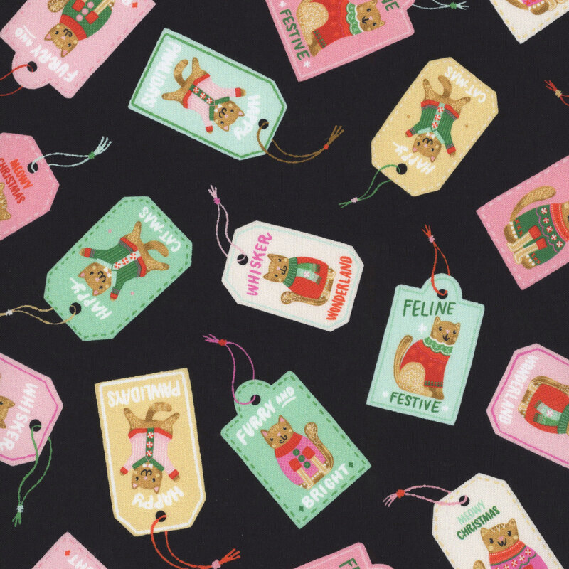 Black background with a tossed pattern of pink, mint, and cream colored Christmas tags that have gingerbread cats as well as cat-themed greetings