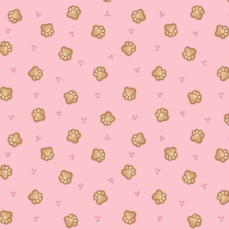 Pastel pink fabric with a ditsy pattern of pink dots and tan cat paws
