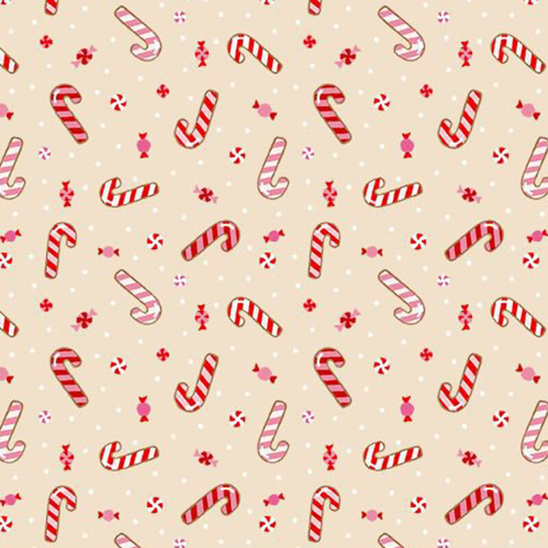 Beige fabric with a tossed pattern of red, pink, and white candy canes and peppermints