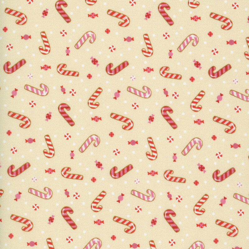 Beige fabric with a tossed pattern of red, pink, and white candy canes and peppermints