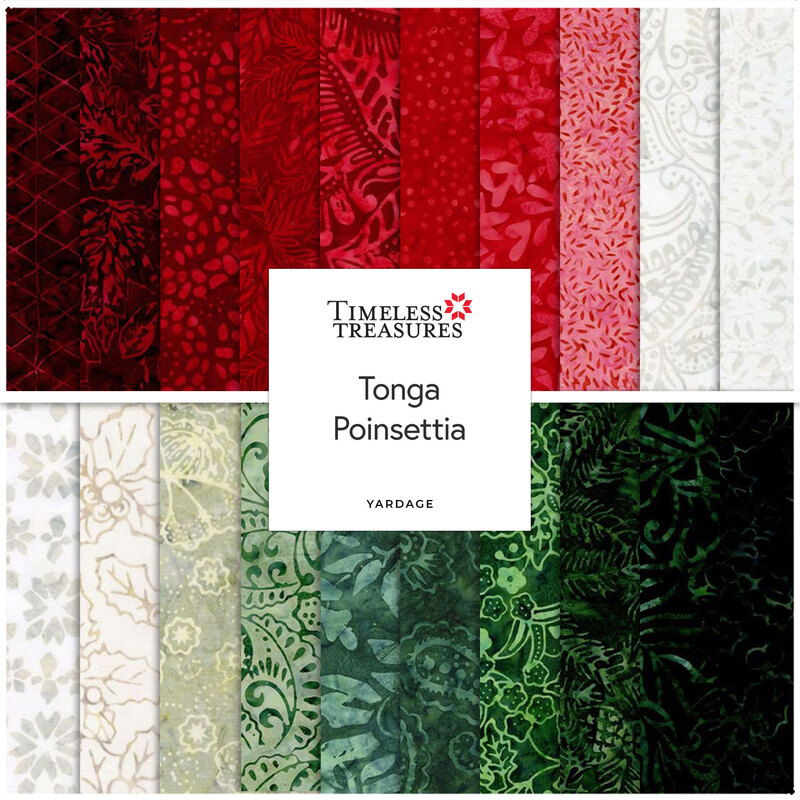 A fabric collage featuring Christmas batiks from Tonga Poinsettias by Timeless Treasures.