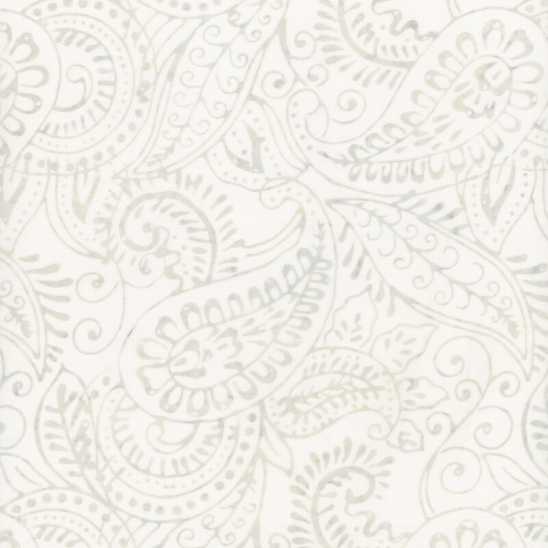 A white batik fabric with light gray paisley pattern,
