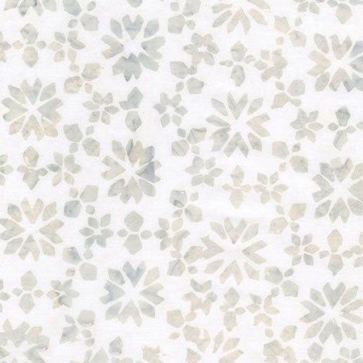 A white batik fabric with abstract gray geometric snowflakes.