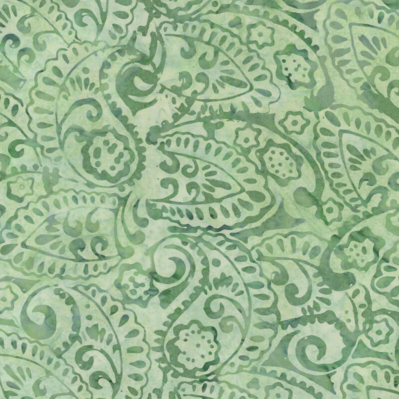 A mint green fabric with a green paisley pattern. 