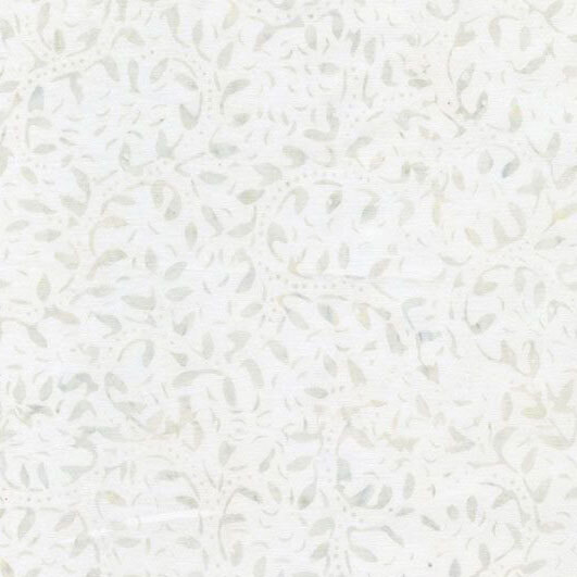 A white batik fabric with light gray leafy vines.