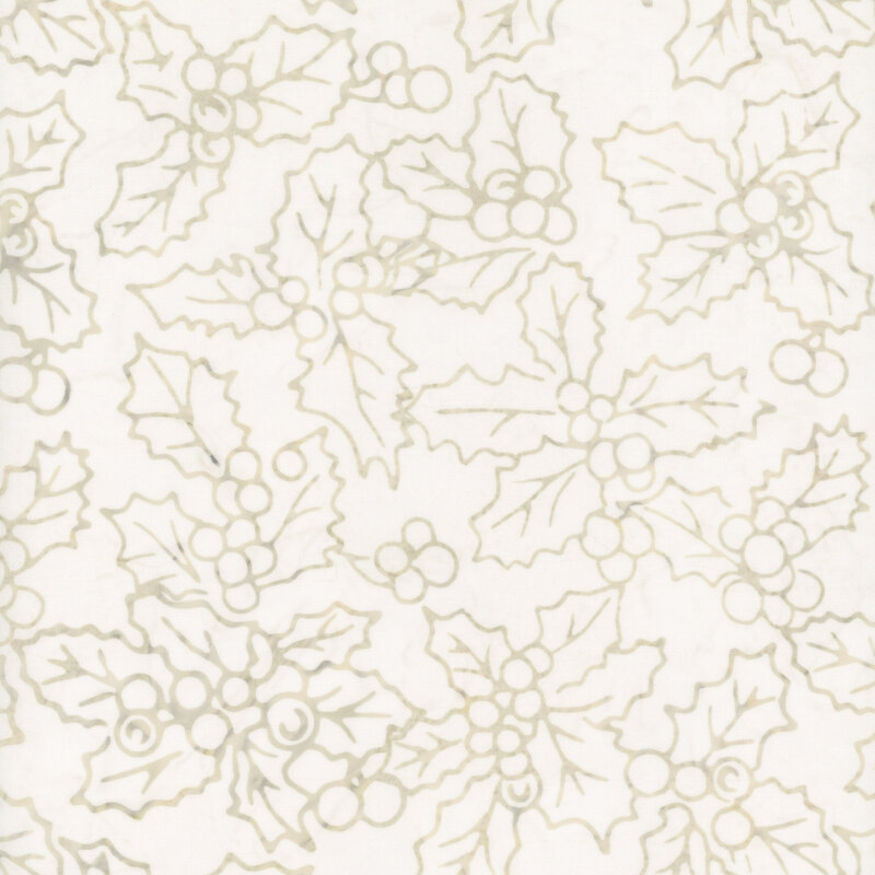 A cream batik fabric with tan holly leaves and berries. 
