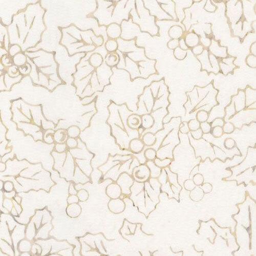 A cream batik fabric with tan holly leaves and berries.