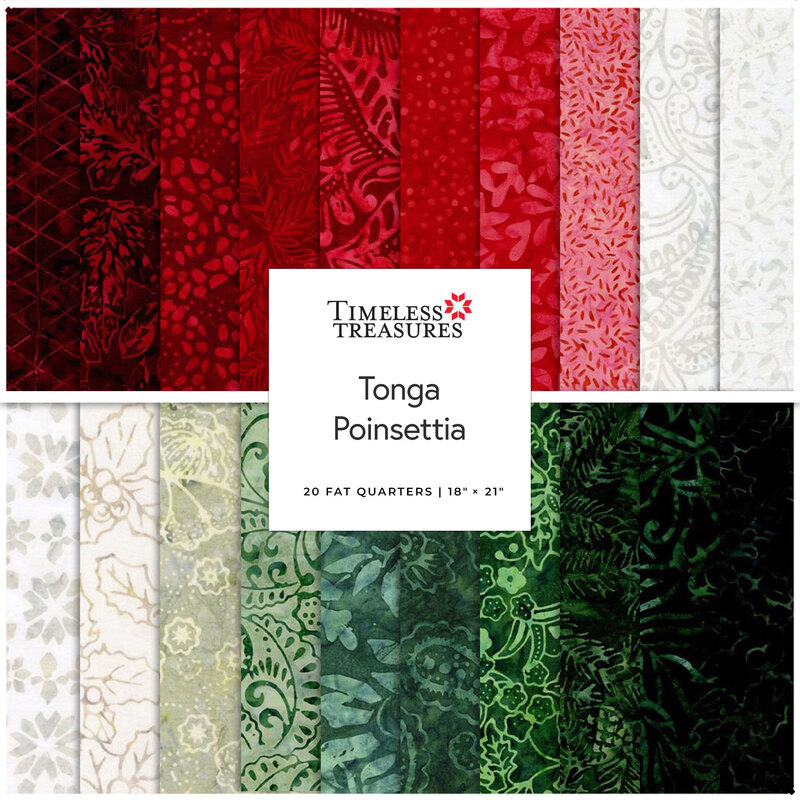 A fanned fabric collage featuring Christmas batiks from Tonga Poinsettias by Timeless Treasures.
