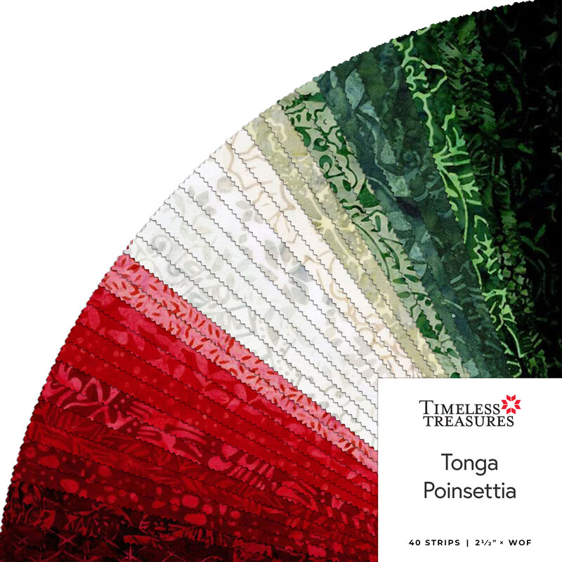 A fanned fabric collage featuring Christmas batiks from Tonga Poinsettias by Timeless Treasures.