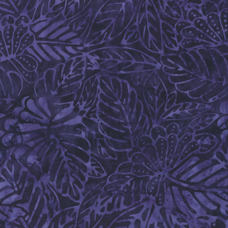 Black fabric featuring stamped leaves in a very dark blue.