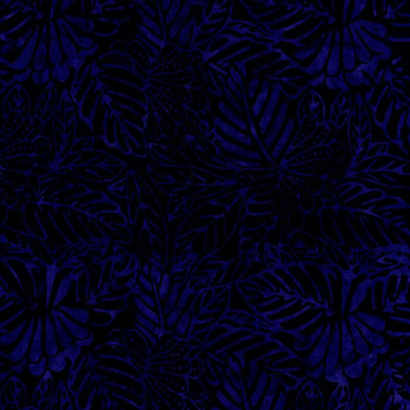 Black fabric featuring stamped leaves in a very dark blue.
