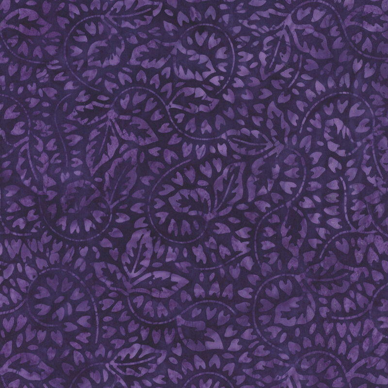 Swirling, mottled dark violet leaves and vines on black fabric.