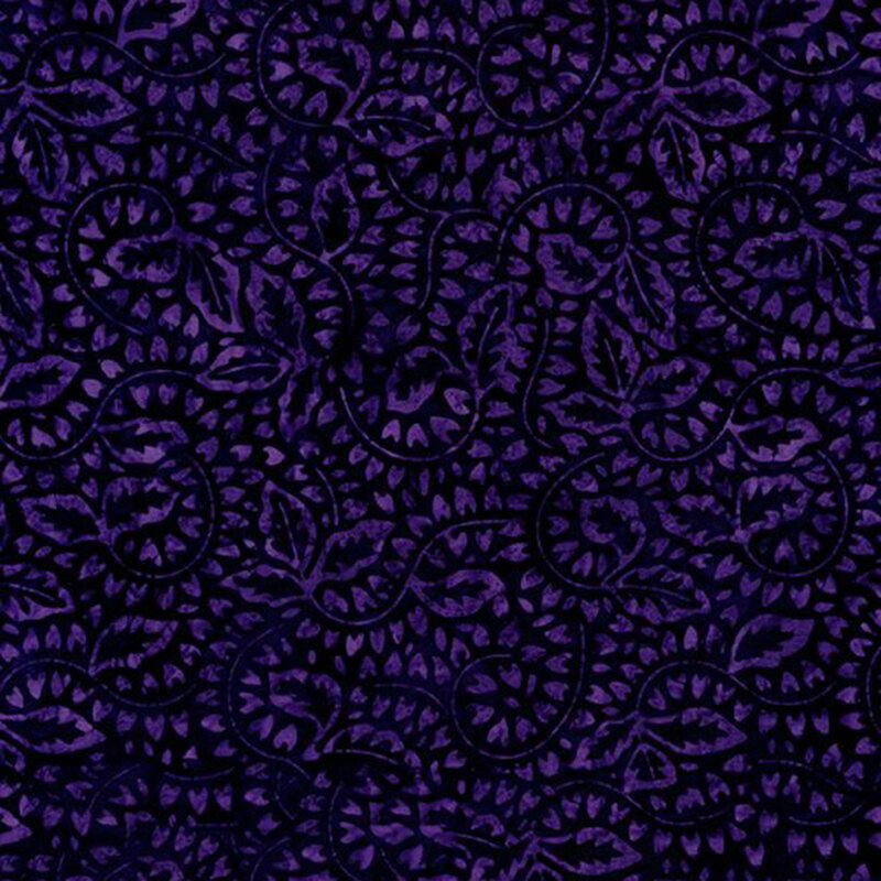 Swirling, mottled dark violet leaves and vines on black fabric.