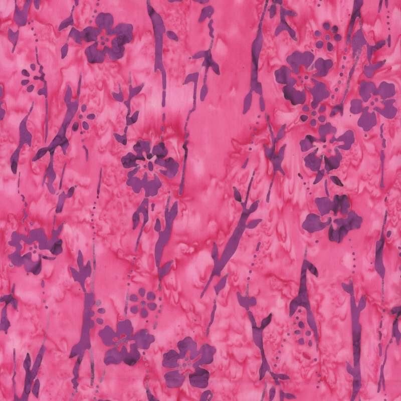 Purple flowers and leaves on a mottled, bright pink background.
