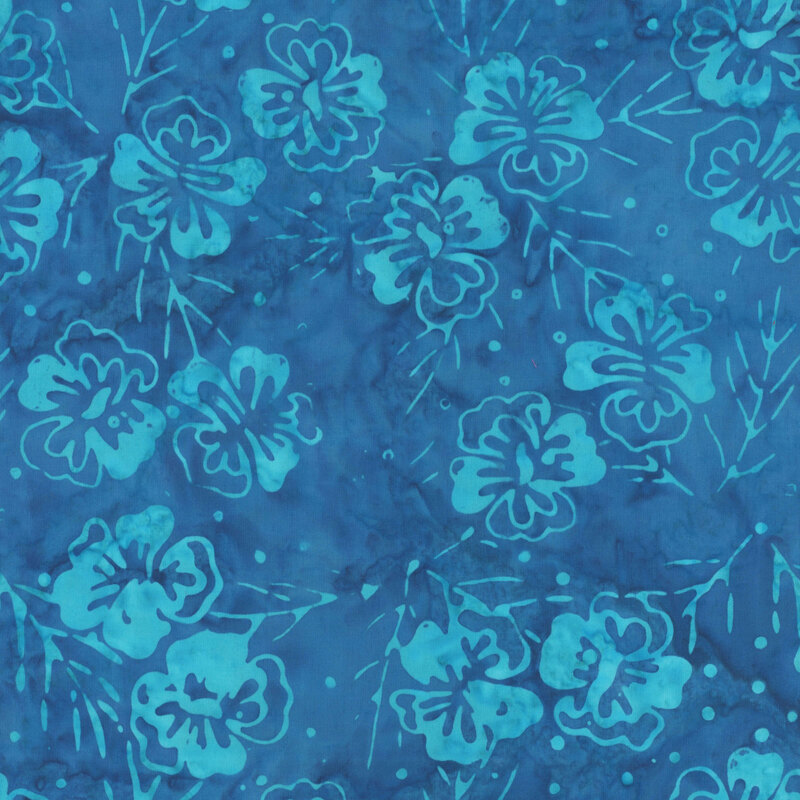 Teal pansy flowers and stems on a mottled dark blue fabric.