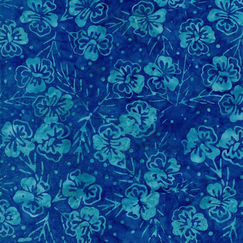 Teal pansy flowers and stems on a mottled dark blue fabric.