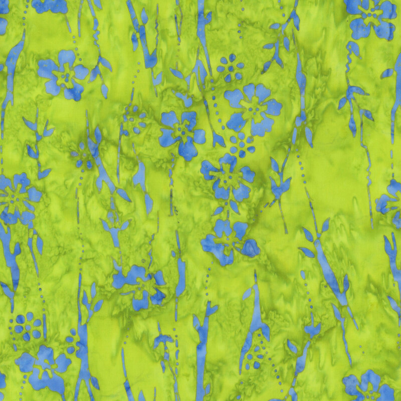 Blue flowers and leaves on a mottled, bright green background.