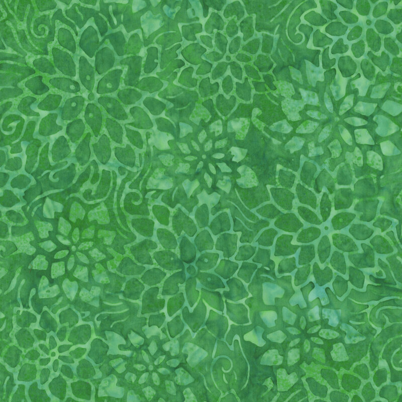Mottled clover green fabric featuring tonal outlines of large blooming flowers.