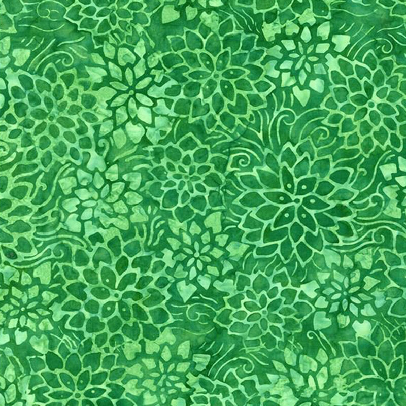 Mottled clover green fabric featuring tonal outlines of large blooming flowers.
