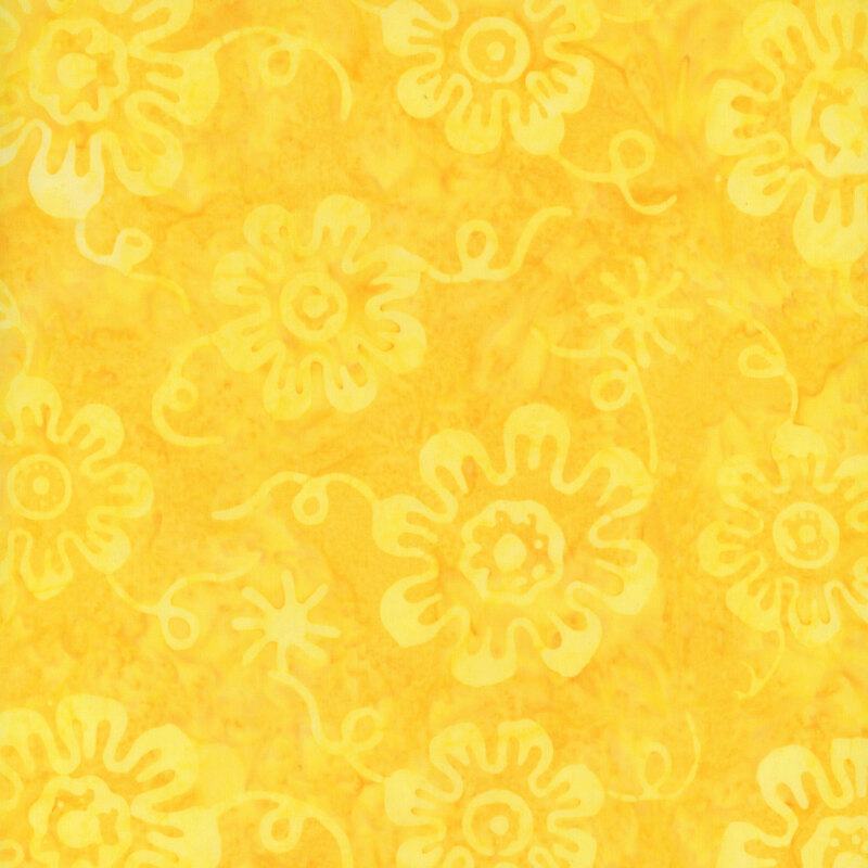 Mottled bright yellow fabric with tonal flowers and spiral stems.