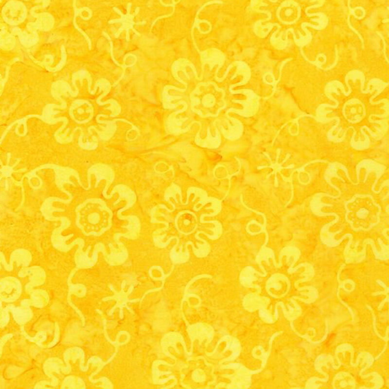 Mottled bright yellow fabric with tonal flowers and spiral stems.