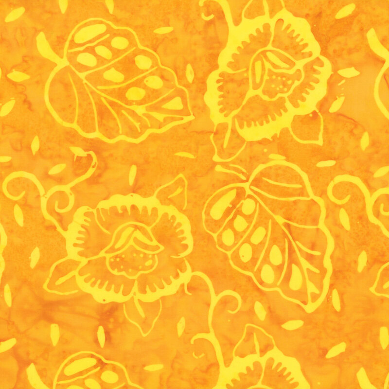 Mottled, light orange fabric featuring tonal flowers and leaves.