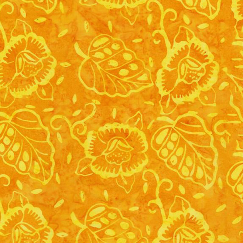 Mottled, light orange fabric featuring tonal flowers and leaves.