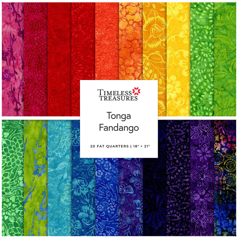 A collage of fabrics included in the Tonga Fandango collection featuring a rainbow of colors with geometric and abstract patterns.
