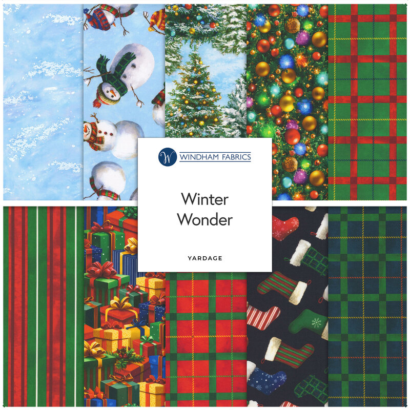 Collage of fabrics in the collection in ice blue, forest green, red, and navy with Christmas and winter motifs such as snowflakes, snowmen, Christmas trees, presents, winter plaid, and stockings