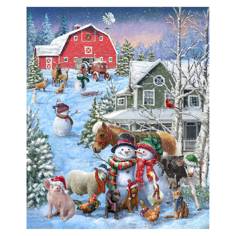 Full panel showing a twilight winter scene with smiling snowmen, farm animals with hats and scarves, and woodland creatures, in front of a snowy green farmhouse and red barn