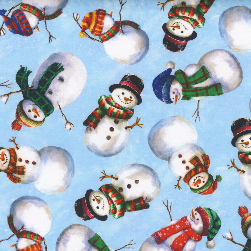 Paint-textured blue background with a tossed pattern of smiling snowmen wearing scarves, stocking caps, and stovepipe hats