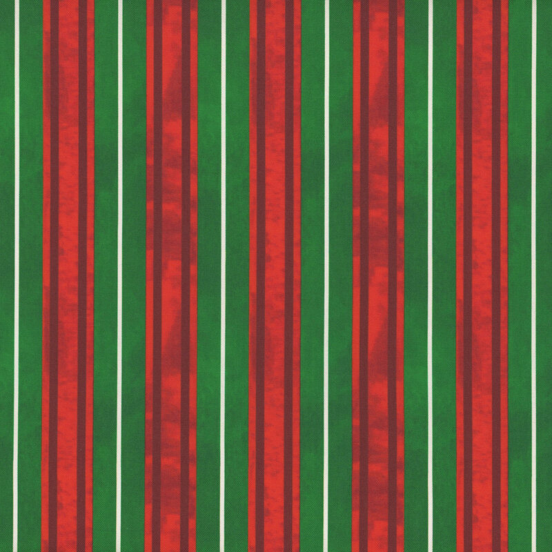 Mottled green fabric with textured vertical red stripes and thin white stripes