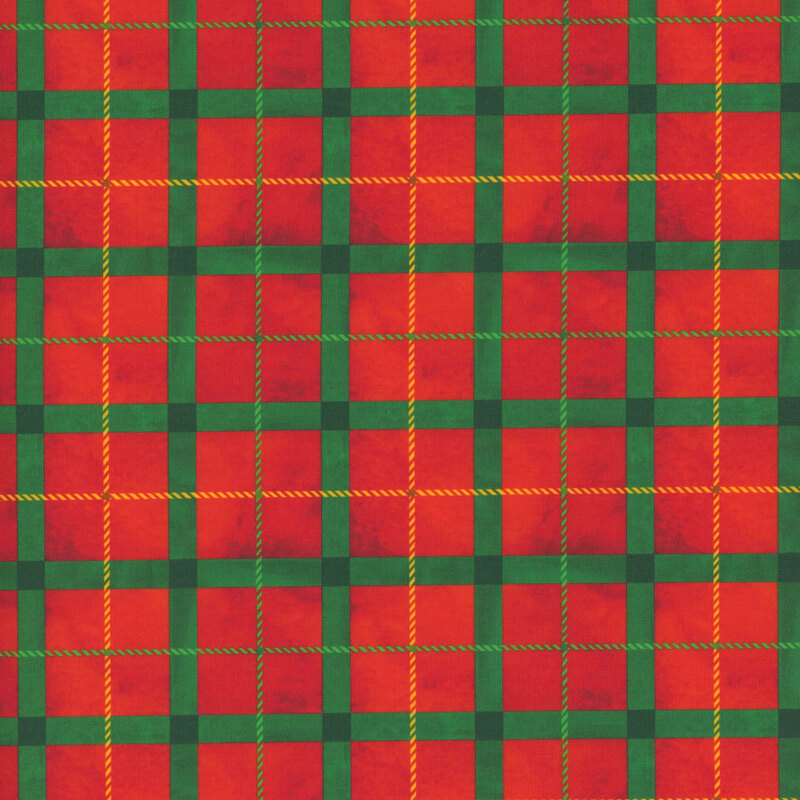 mottled scarlet red fabric featuring a textured green plaid pattern with bright green and yellow 
