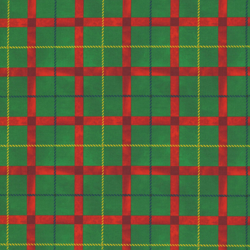 mottled forest green fabric featuring a textured red plaid pattern with navy blue and yellow 