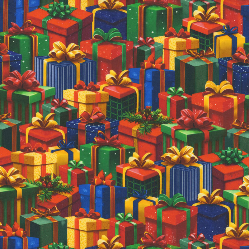 Stacks of Christmas presents in red, green, blue, and yellow with contrasting bows