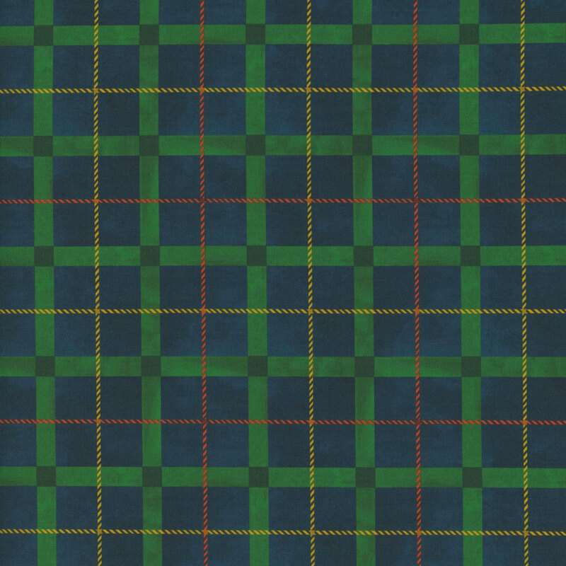 mottled navy blue fabric featuring a textured forest green plaid pattern with rust red and yellow 