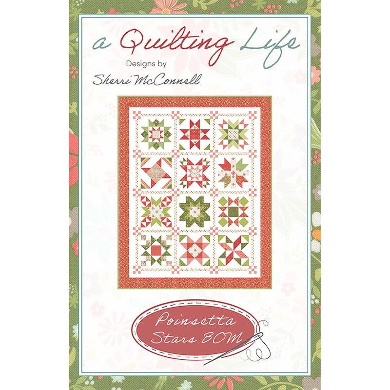 Front of the Poinsettia Stars BOM pattern with digital mock up of the completed quilt made with Christmas colored fabrics