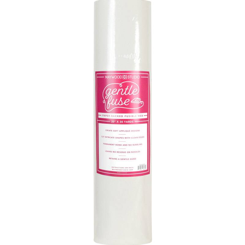 Roll of white fabric fusible interfacing with a pink label, labeled Gentle Fuse.
